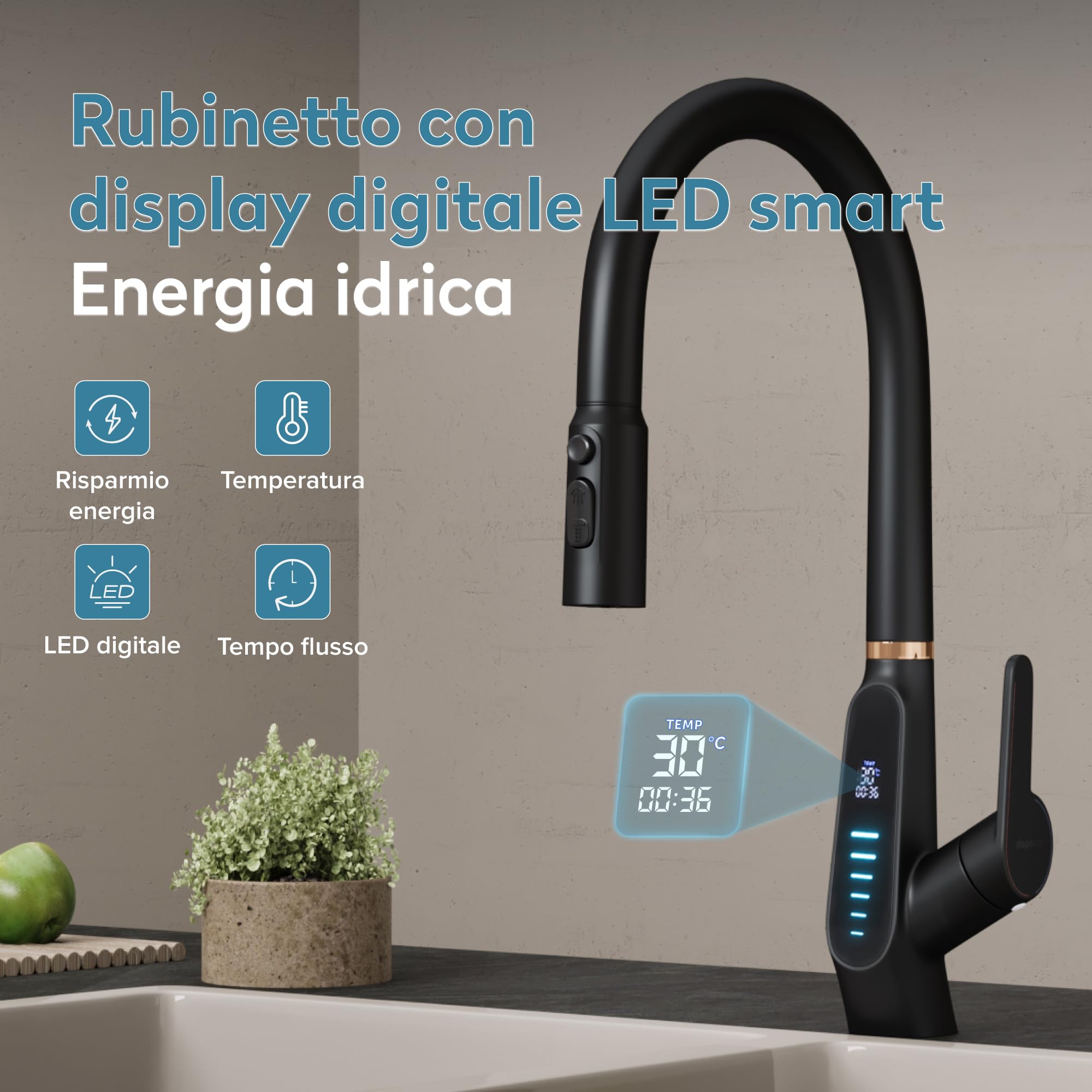 doporro Rubinetto Cucina Digitale Estraibile 3-in-1 con Display LED