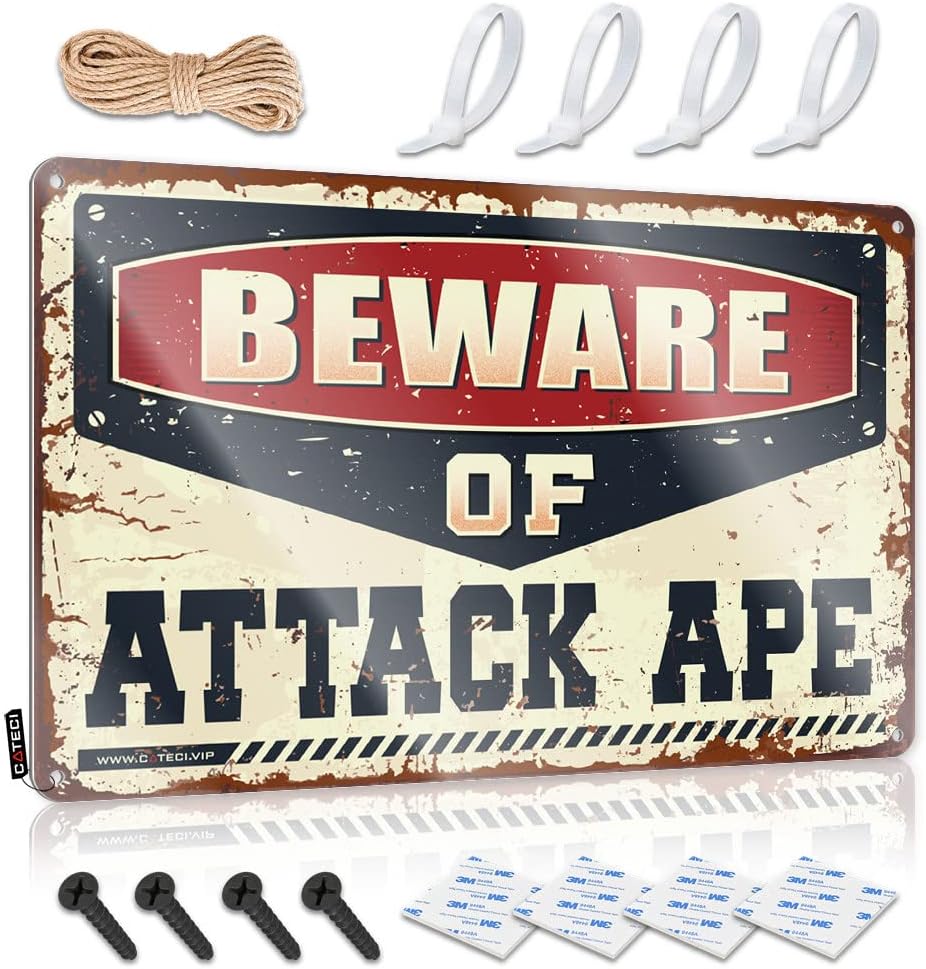 Small Western Decor Metal Tin Sign Affirmation Wall Decor Metal Tin Sign : Sport Hanging Funny Metal Sign Garage Decor | Beware Of Attack Ape