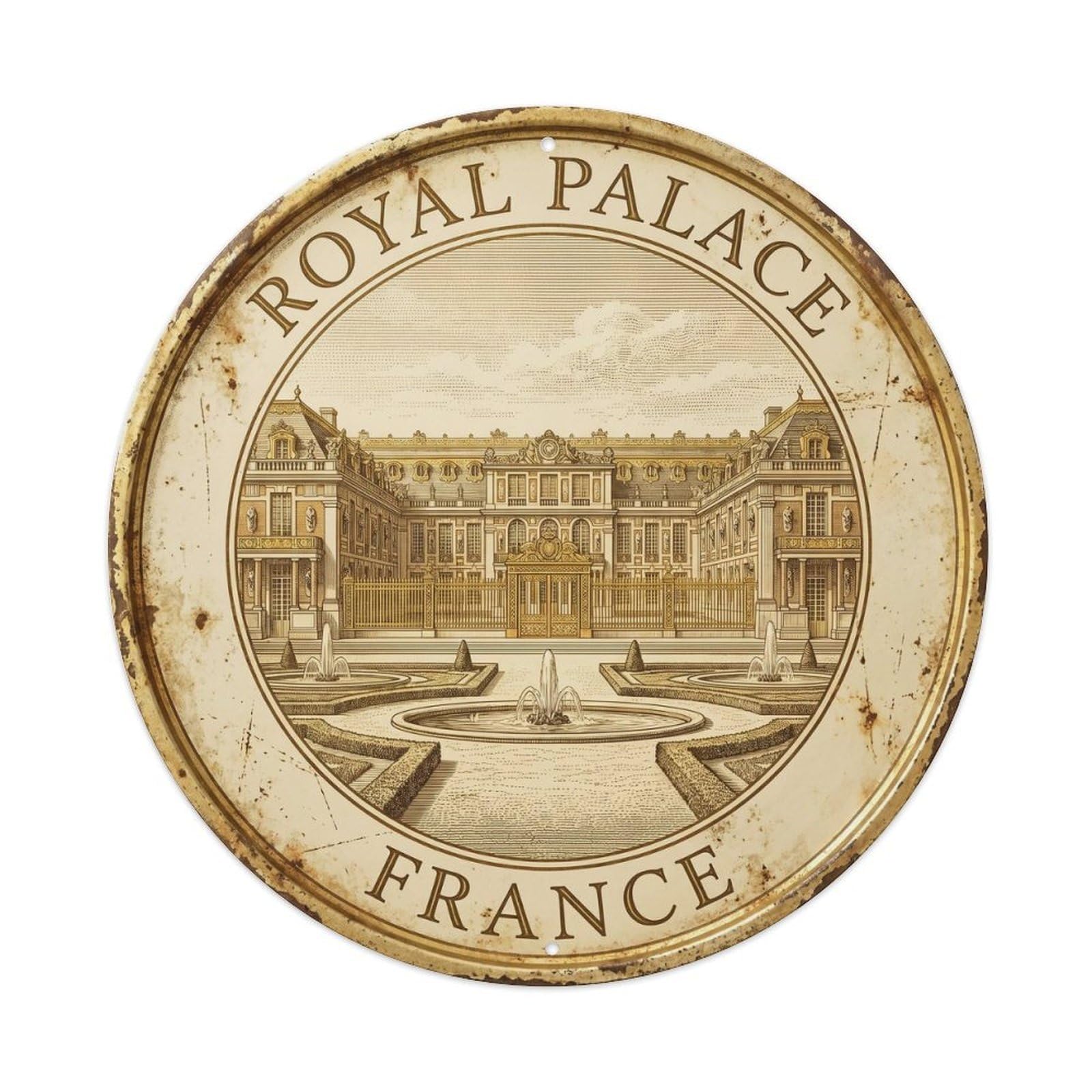Vintage Travel Royal Palace France Metal Tin Sign Plaque Wall Decor for Cafe, Club, Garden Round Metal Poster 8x8Inch