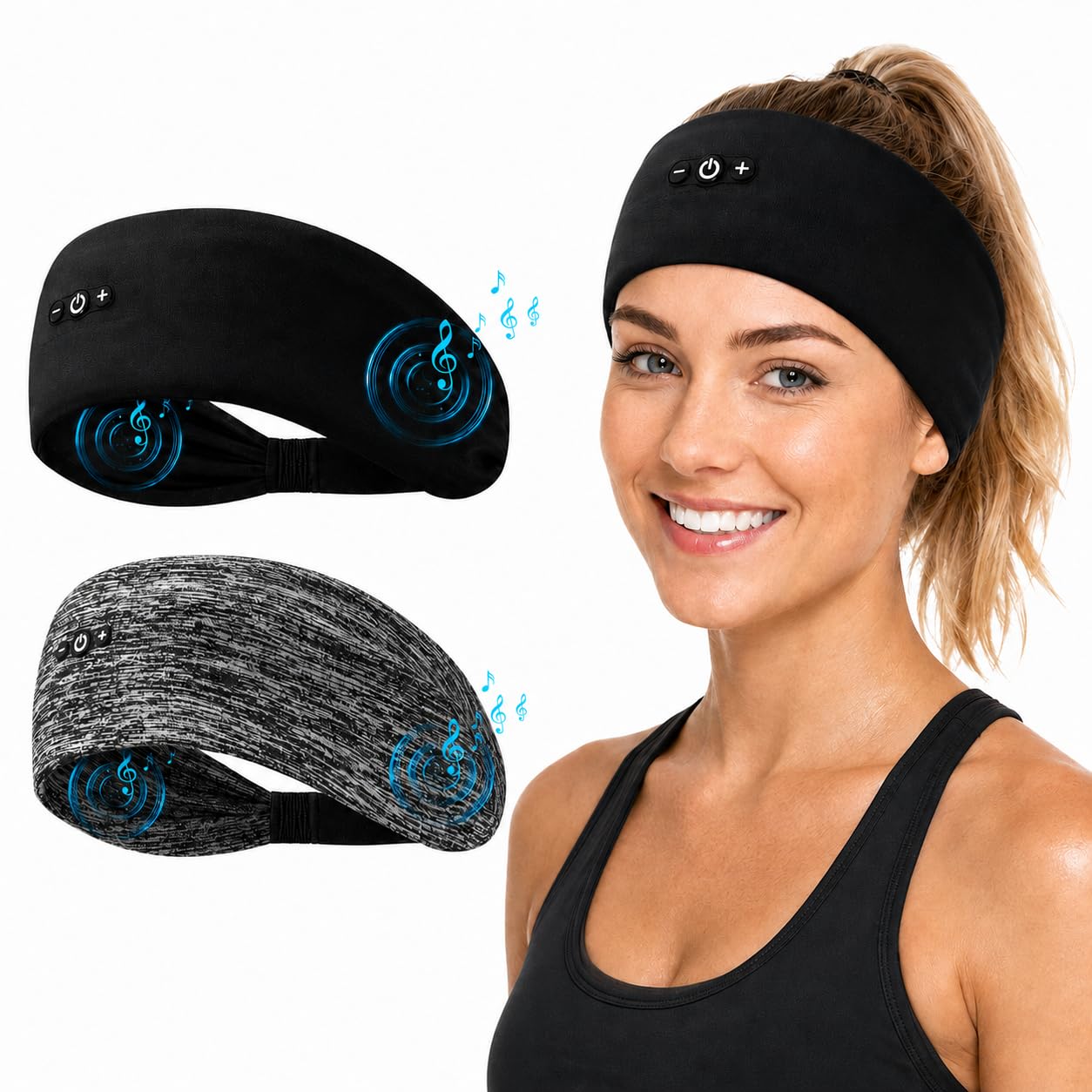 Lot de 2 Bandeau Ecouteurs pour Dormir, Confort sans Pression Bandeau Bluetooth Écouteurs, Homme Femme Casque de Sommeil pour Sports, Voyage, Méditation, Yoga et Détente(Gris foncé&Noir)