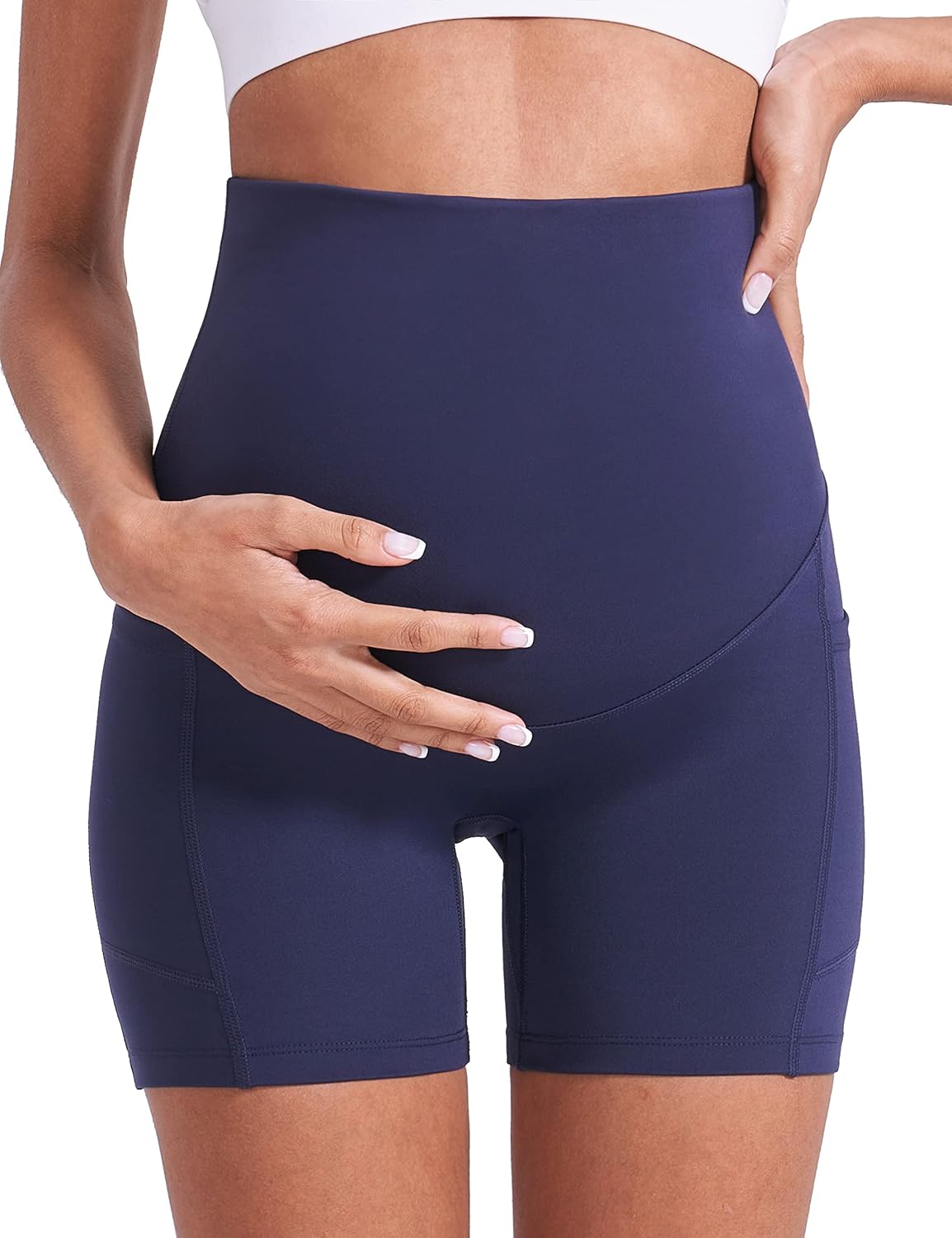 ENERFUL Women's Maternity Yoga Shorts Over The Belly Comfy Biker Workout Active Pregnancy Gym Short Pants with Pockets 8"/5" - Image 3