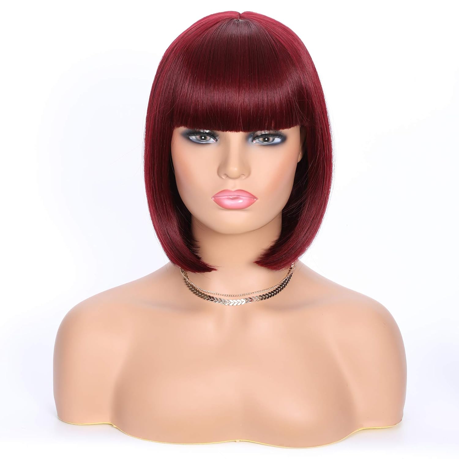 OkeBeauty Burgundy Short Bob Wig with Bangs 12 inches straight Bob Wigs for Women Synthetic Heat
