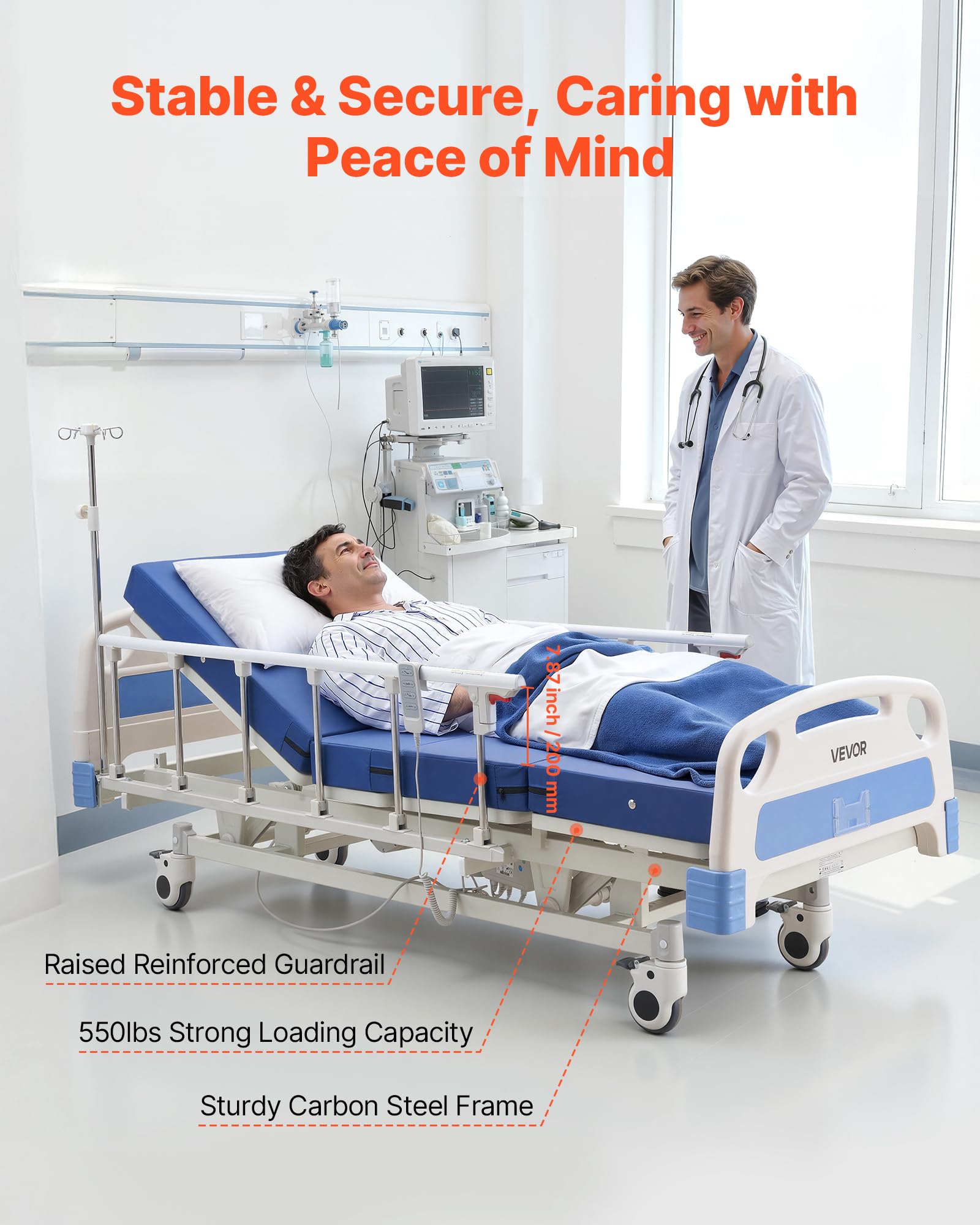 VEVOR Letto Ospedaliero Elettrico per Degenza Letto Ospedaliero Capacità di Carico 250 kg per l'Assistenza Domiciliare, Angolo Schienale Regolabile 0-75° Altezza Regolabile 475-750mm 3 Funzioni