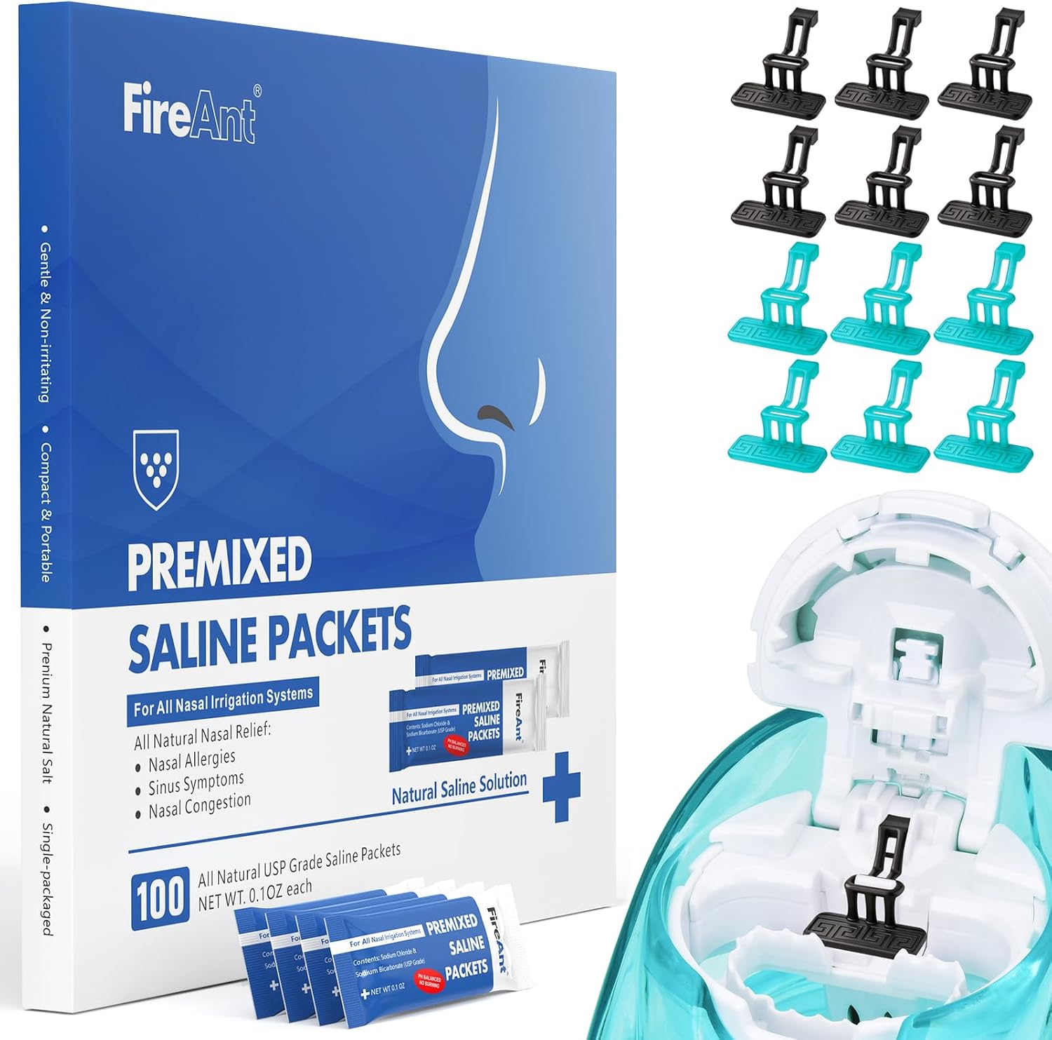 FireAnt 100 Saline Packets and 12 Reusable Saline Pods Refills Set, Compatible with Navage Nasal Care - Includes 100 Count Salt Packets Sinus Rinse + 12 Pack Silicone Salt Pads Refill in Black & Blue