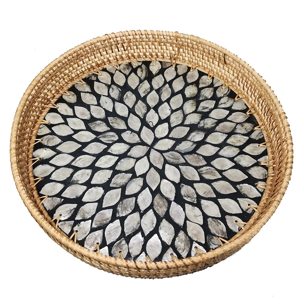 13 Inch Rattan Serving Basket with Shine MOP Black Flat Bottom, Handmade Wicker Coffee Table Serving Tray Décor Circle with 2 Inch Wall, Boho Round Woven Basket Tray for Ottoman, Vanity, Exxacttorch