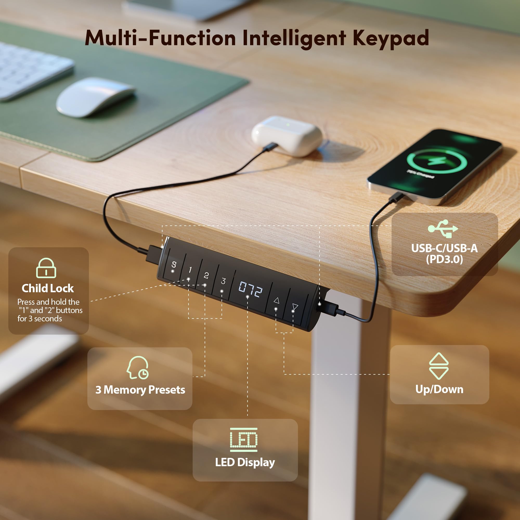 FEZIBO Höhenverstellbarer Schreibtisch mit USB-A und USB-C-Ladeanschlüssen, 160 x 80 cm Schreibtisch Höhenverstellbar Elektrisch, Ergonomischer Steh-Sitz Tisch für Heimbüro, Standing Desk, Eiche