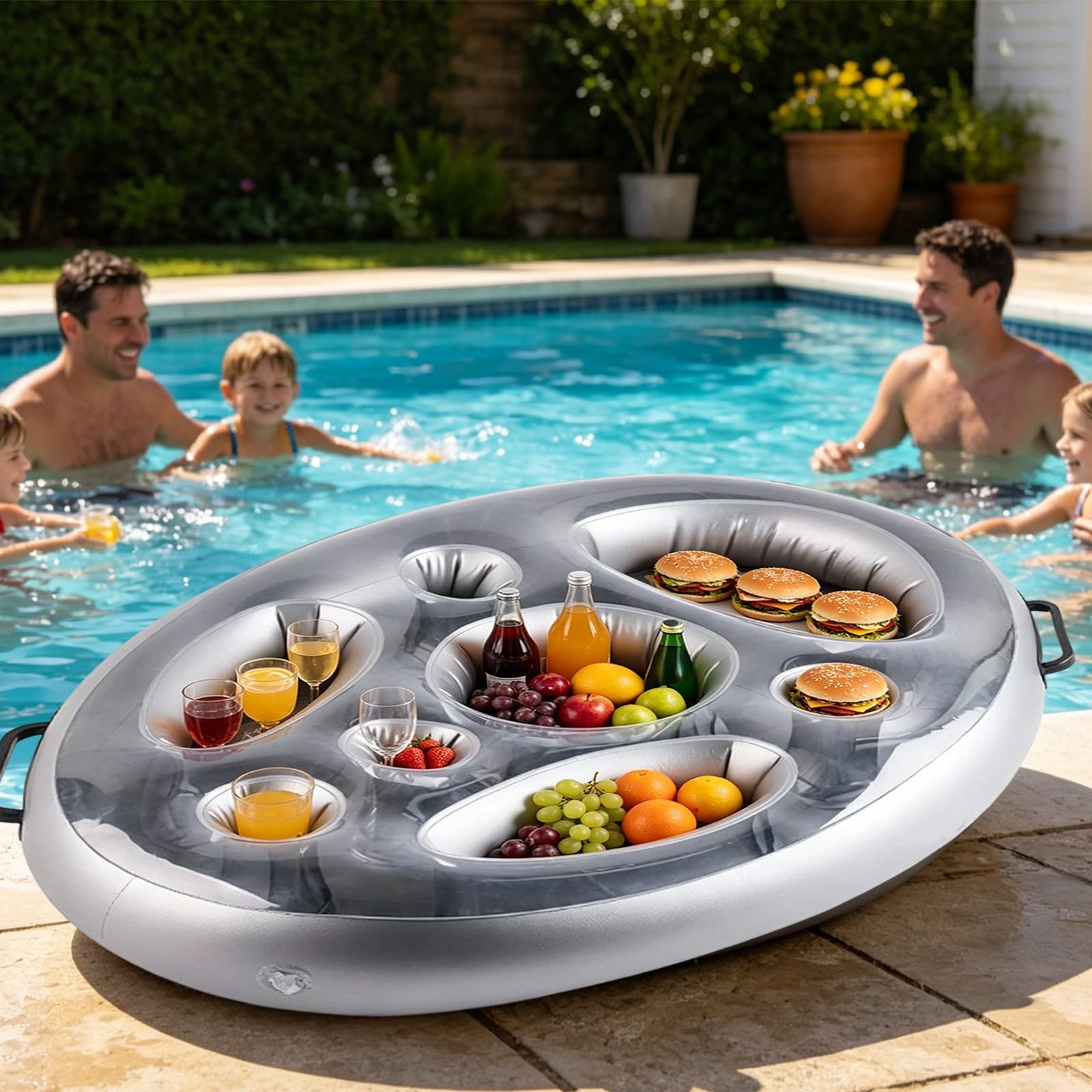 Schwimmende Poolbar Tablett - Aufblasbare Eisschale Getränkekühler für Sommer Pool Partys, Mehrloch-Getränkehalter und Snacktisch, schwimmende Bar für Getränke und Snacks