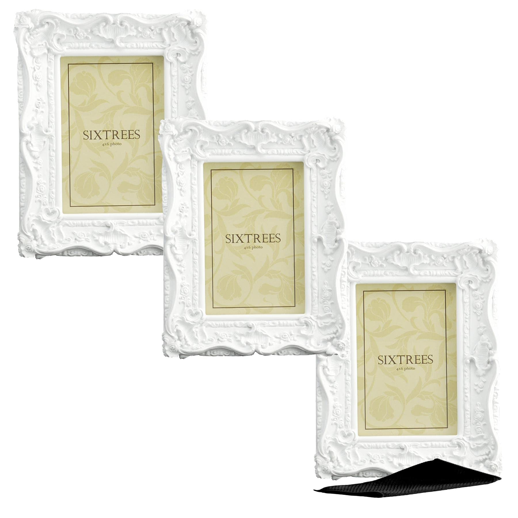 A Triple pack of Sixtrees Chelsea 5-254-46 Ornate Vintage Swept Shabby Chic White 6x4 inch Photo frames - with Microfibre glass cleaning cloth.