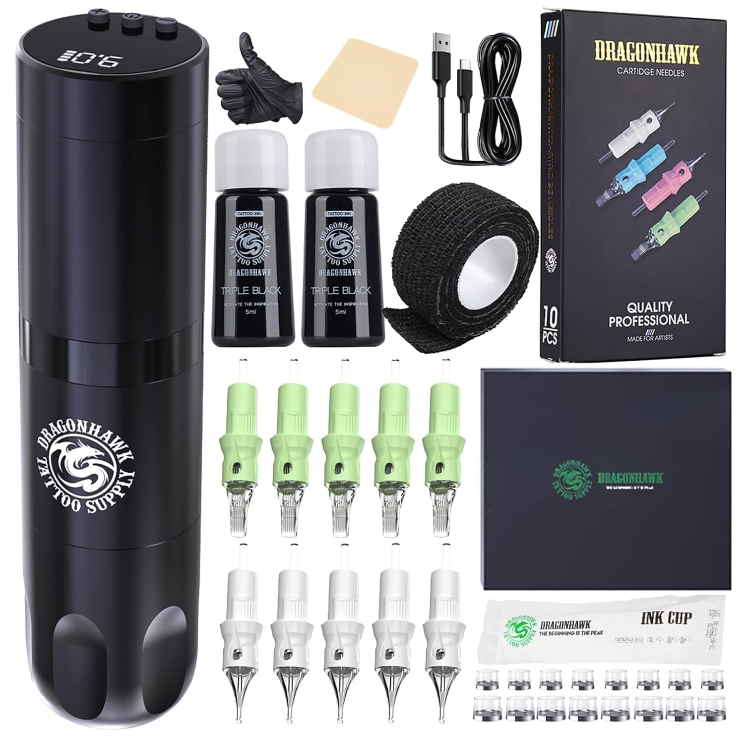 Dragonhawk kit tatuaje Completo X3 Máquina de tatuar rotativa Batería Tattoo Gun Inalámbrica Batería 1500mah agujas tatuaje de principiante