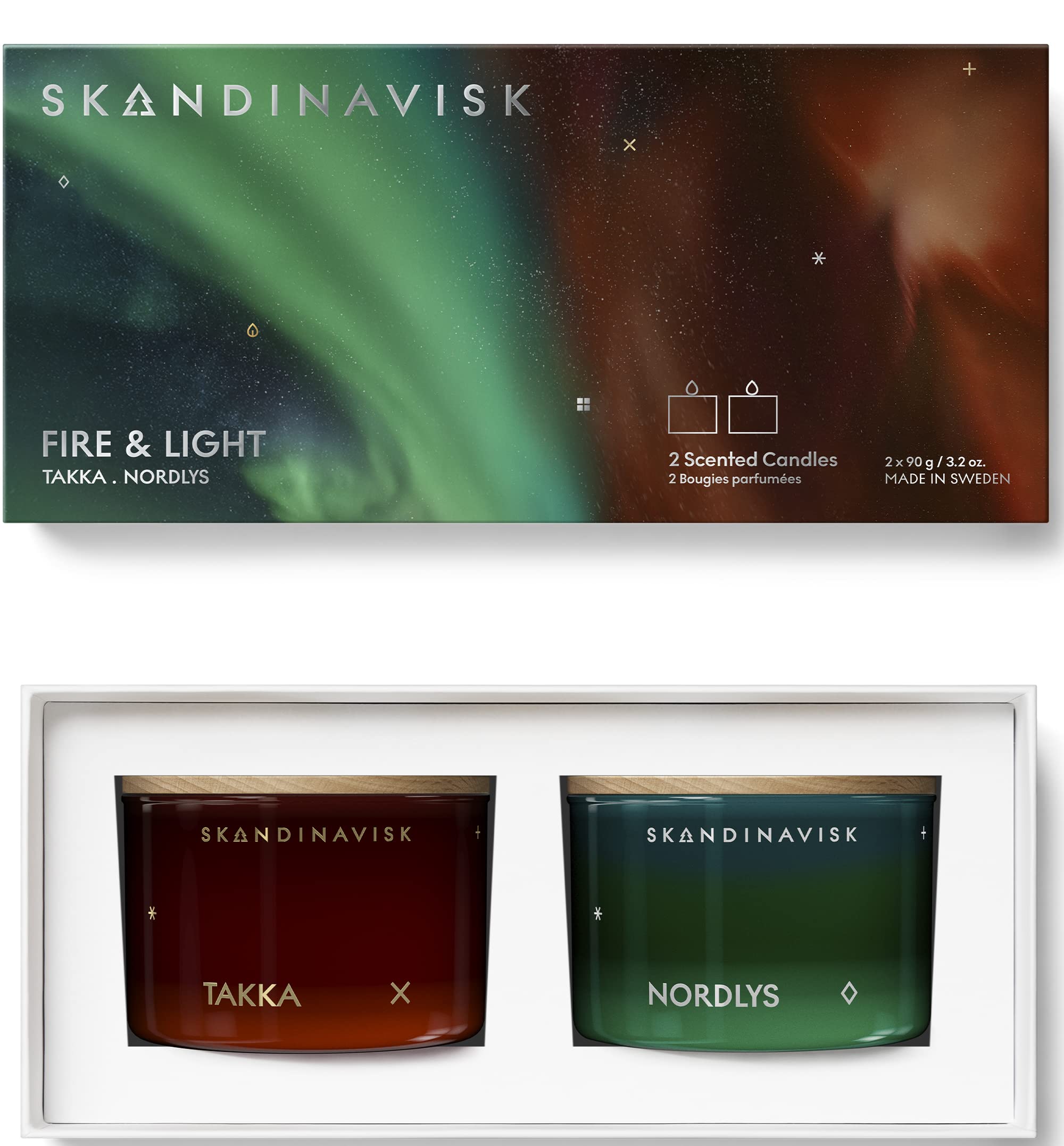 Skandinavisk FIRE & Light Giftset of 2 Scented Candles. NORDLYS 'Northern Light' and TAKKA 'Fireplace'. Vegan Formula. 2 x 3.17 oz. Gift Set