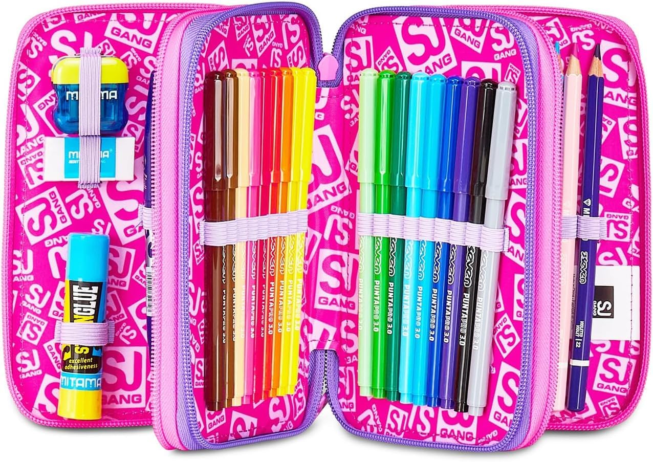 SJ Gang Set Scuola Unicorno, Zaino con Doppio Scomparto, Astuccio 3 Zip, Diario, Borraccia e Ombrello, Rosa e Viola