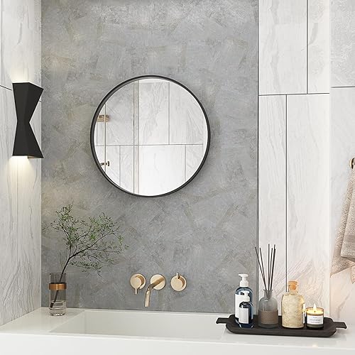 Miniatura 6 de IDEALHOUSE Espejo circular  Elegante espejo redondo de pared de 24 pulgadas con marco de metal negro  a prueba de explosiones, resistente a la