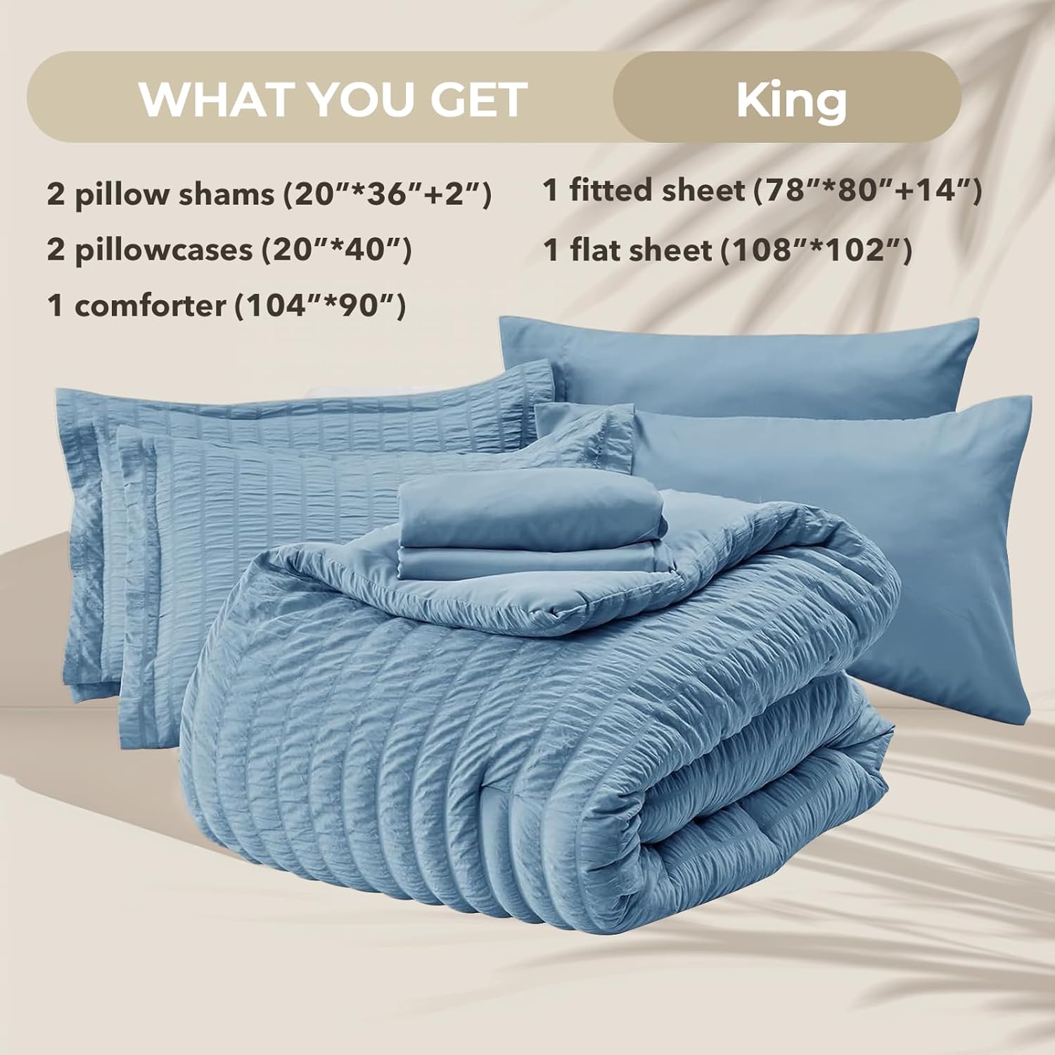 HYMOKEGE Mineral Blue King Size Comforter Set Seersucker 7 Pieces, All Season Luxury Bed in a Bag for Bedroom, Bedding Set with Comforter, Sheets, Pillowcases & Shams