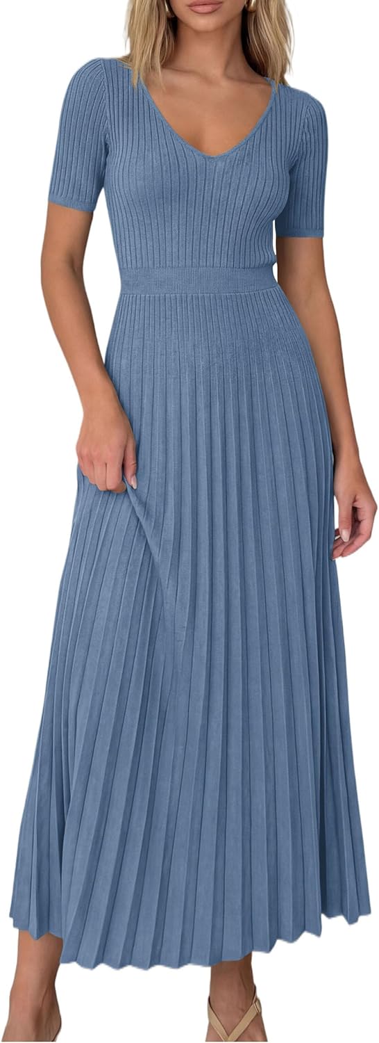 PRETTYGARDEN Women's 2026 Spring Midi Sweater Dresses Elegant Pleated Ribbed Knit Short Sleeve V Neck A Line Summer Outfits