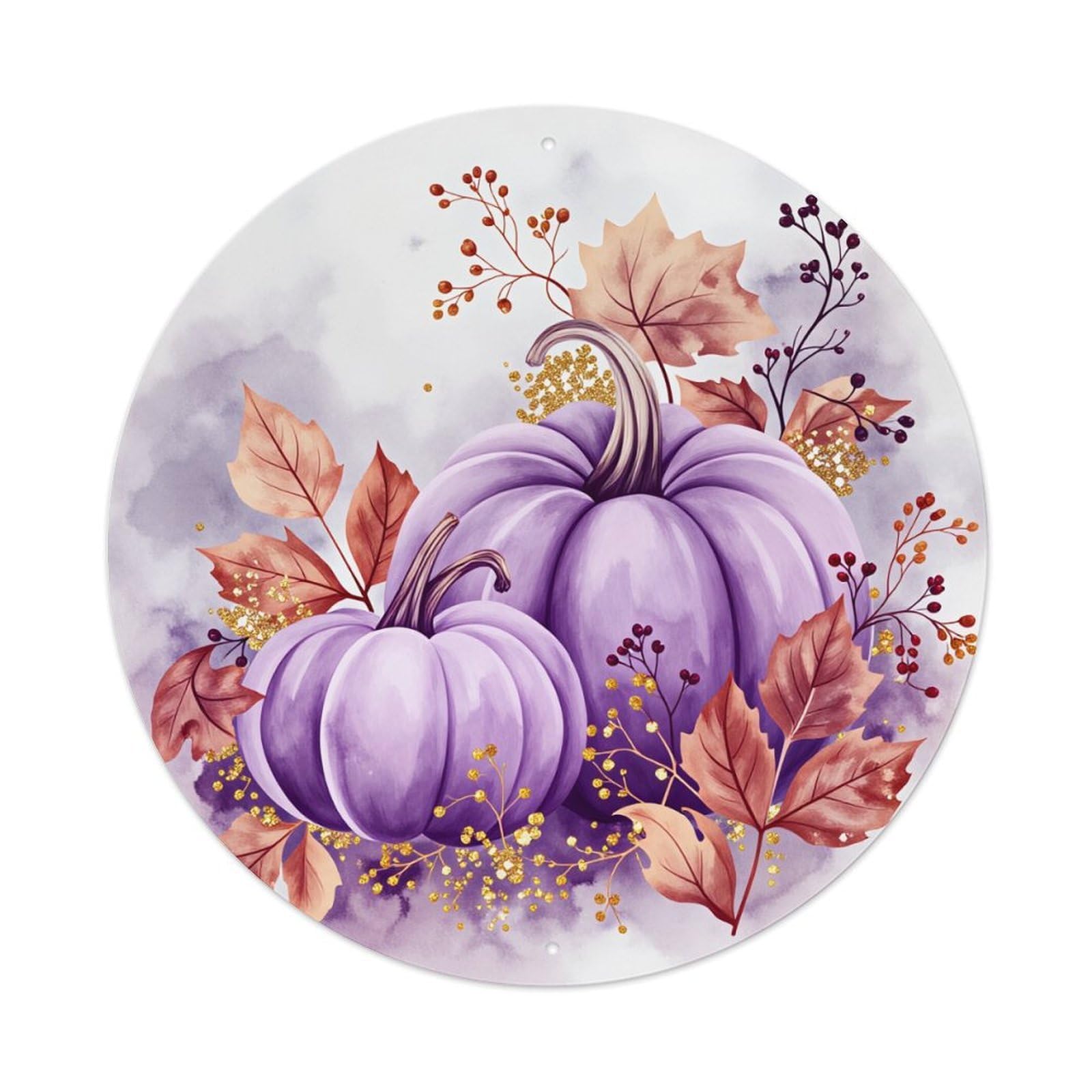 Purple Pumpkins Autumn Leaves Berries Round Tin Sign Vintage Metal Poster Retro Bar, Home, Man Cave, Kitchen, Laundry Room Wall Art Decor Gift 8x8In