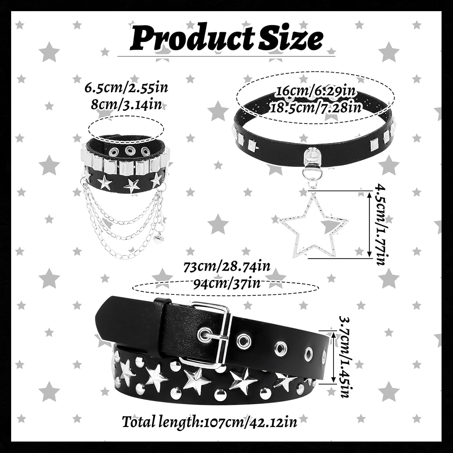3Pcs Black Studded Belt Leather Rivet Cuff Bracelet Gothic Choker Necklace Y2K Emo Punk Rock Accessories Set for Women Men - Image 2