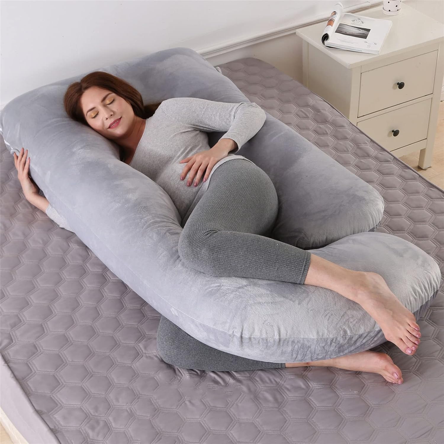 Maternity Pillow U -Shaped Full Body Pregnancy Pllw Pregnancy Sleep Pillow with Removable Cover Crystal Velvet Light Grey