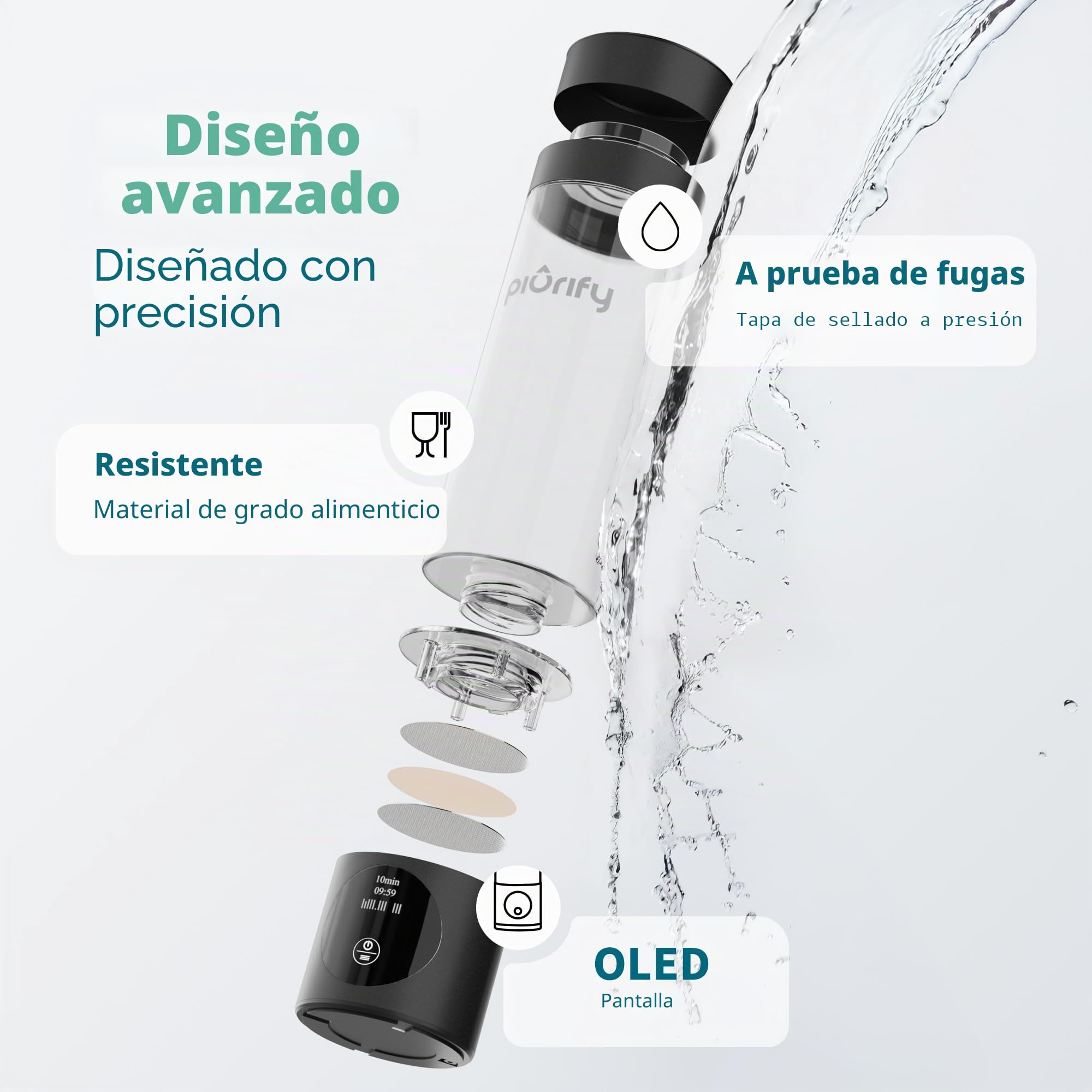 PIURIFY Botella de agua de hidrógeno negro, vaso corporal alimenticio; tecnología Spe/Pem, 3000 ppb de hidrógeno puro.