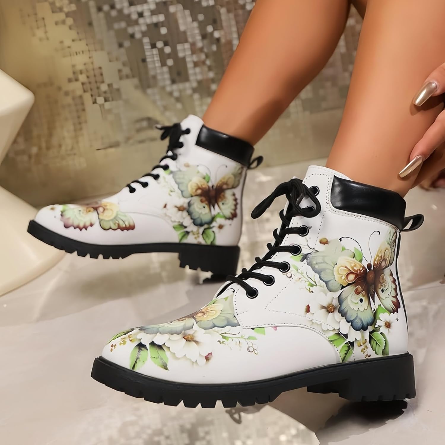 Women's Printed Short Boots Lace-up Block Heel Combat Ankle Booties for Girls Ladies Autumn and Winter Shoes Rose Skull Butterfly FLowers Cartoon Pattern