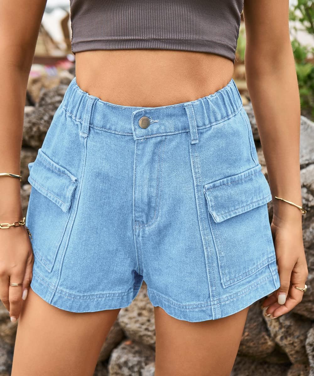YOCUR Womens Cargo Denim Shorts - Summer Casual Vintage Loose Button Zipper Shorts