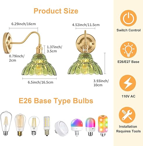 Miniatura 8 de Aplique de pared que funciona con pilas, lámparas de pared vintage recargables con pantalla de vidrio de lirio verde, lámpara de pared inalámbrica