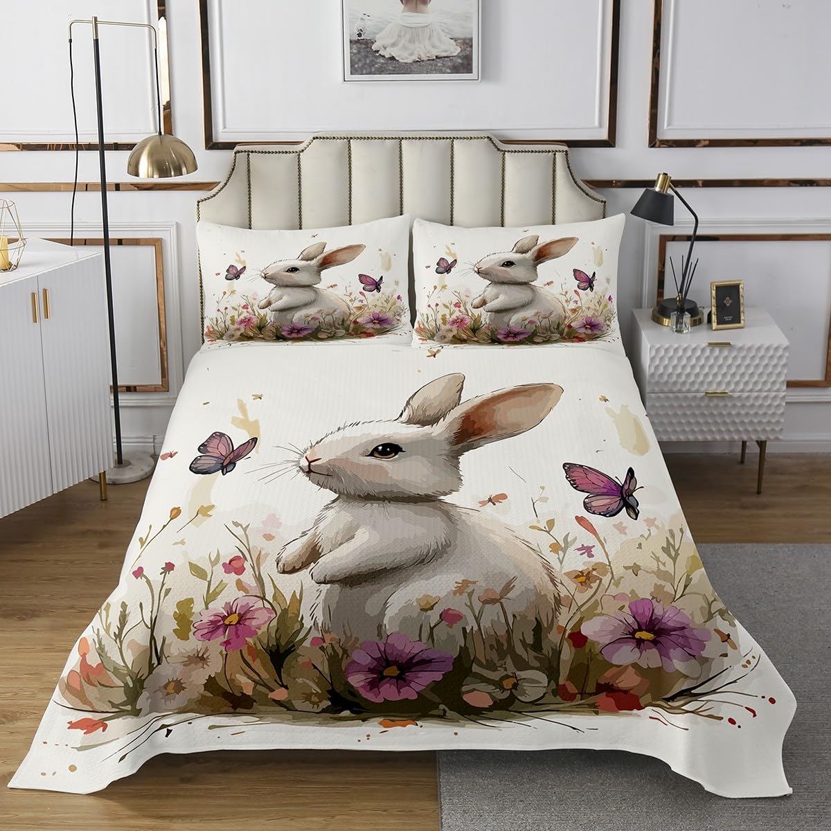 Easter Bunny Quilt Set Easter Floral Rabbit Bedspread Set Twin for Kids Boys Girls Teens Bedroom Decor,Rustic Farmhouse Butterfly Flowers Quilted Coverlet Cute Bunnies Animal Bed Cover