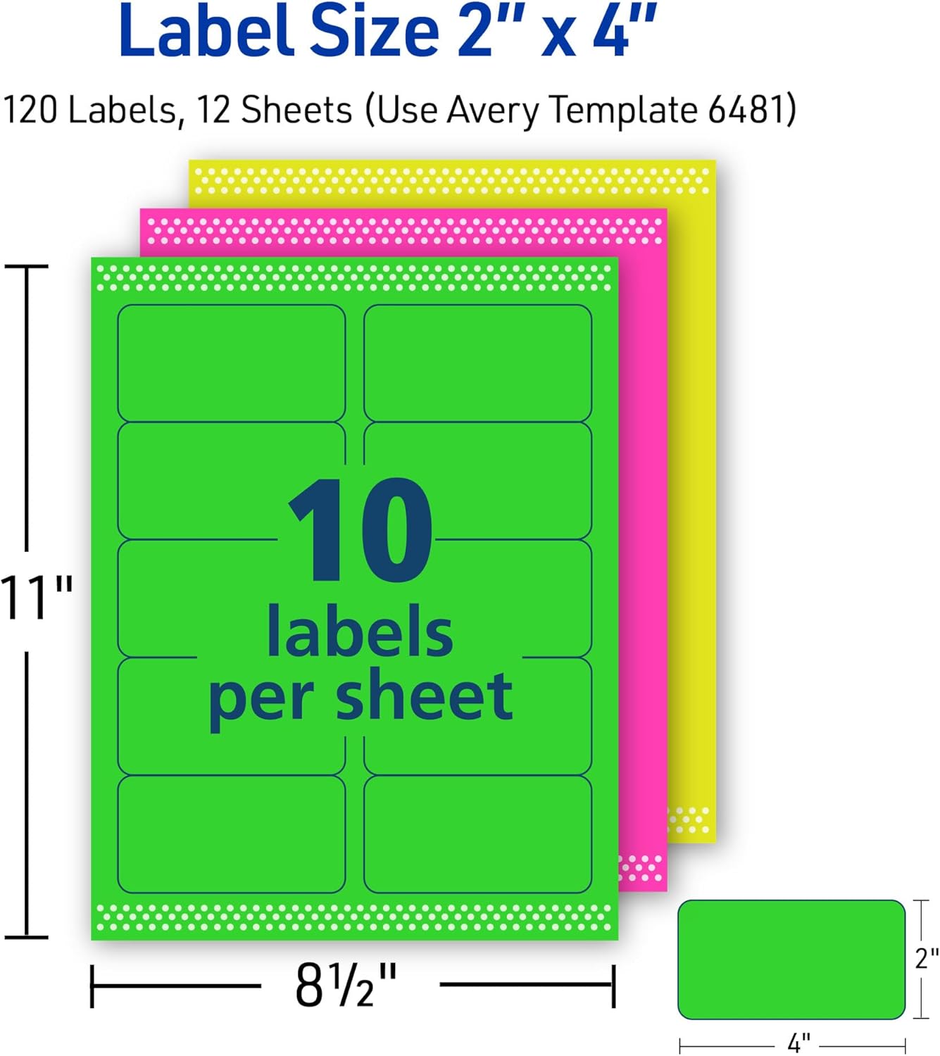 Avery Printable Labels with Sure Feed, 2" x 4", Assorted Neon Colors (Green, Magenta, and Yellow), Removable Adhesive, Laser & Inkjet Compatible, 120 Blank Labels Total (6481) - Image 6