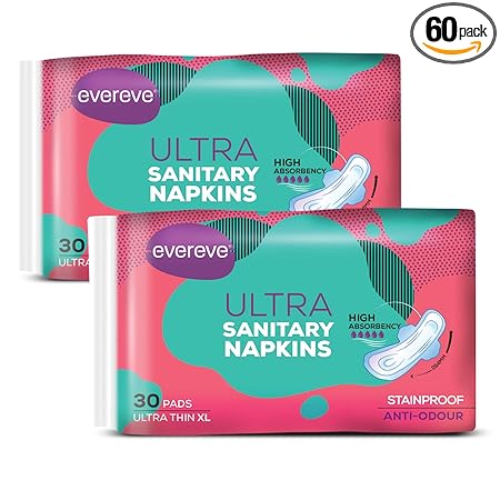 Evereve Ultra Sanitary Napkin/Pad, XL 280mm, Pack of 60 Napkins (2 x 30)