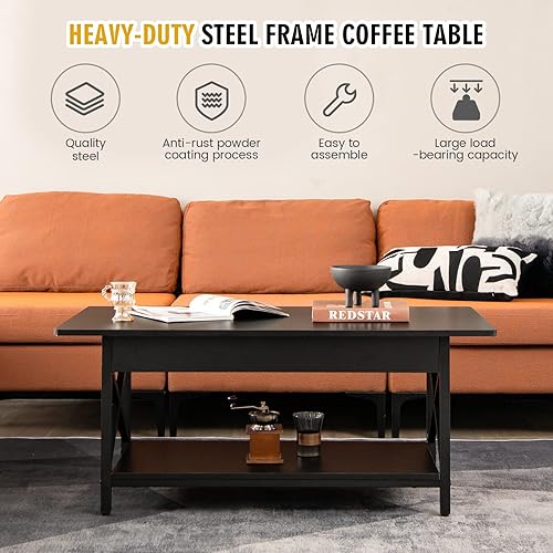 Miniatura 14 de COSTWAY Mesa auxiliar industrial, mesa de té de cóctel de madera de 2 niveles con estante de almacenamiento y marco de acero en forma de X, mesa