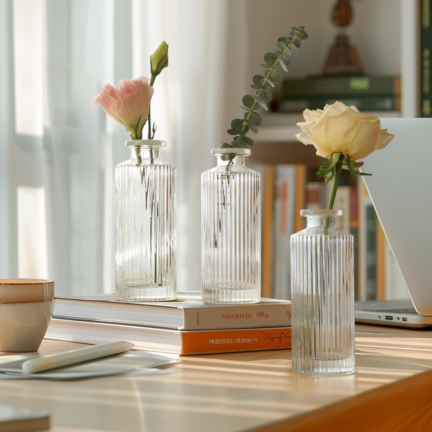 ComSaf Glass Bud Vases Set of 3, Small Flower Vases in Bulk, Mini Ribbed Vases for Centerpieces, Clear Vintage Vase for Table Decorations, Wedding, Party, Receptions, Home Decor (Different Sizes) - Image 6