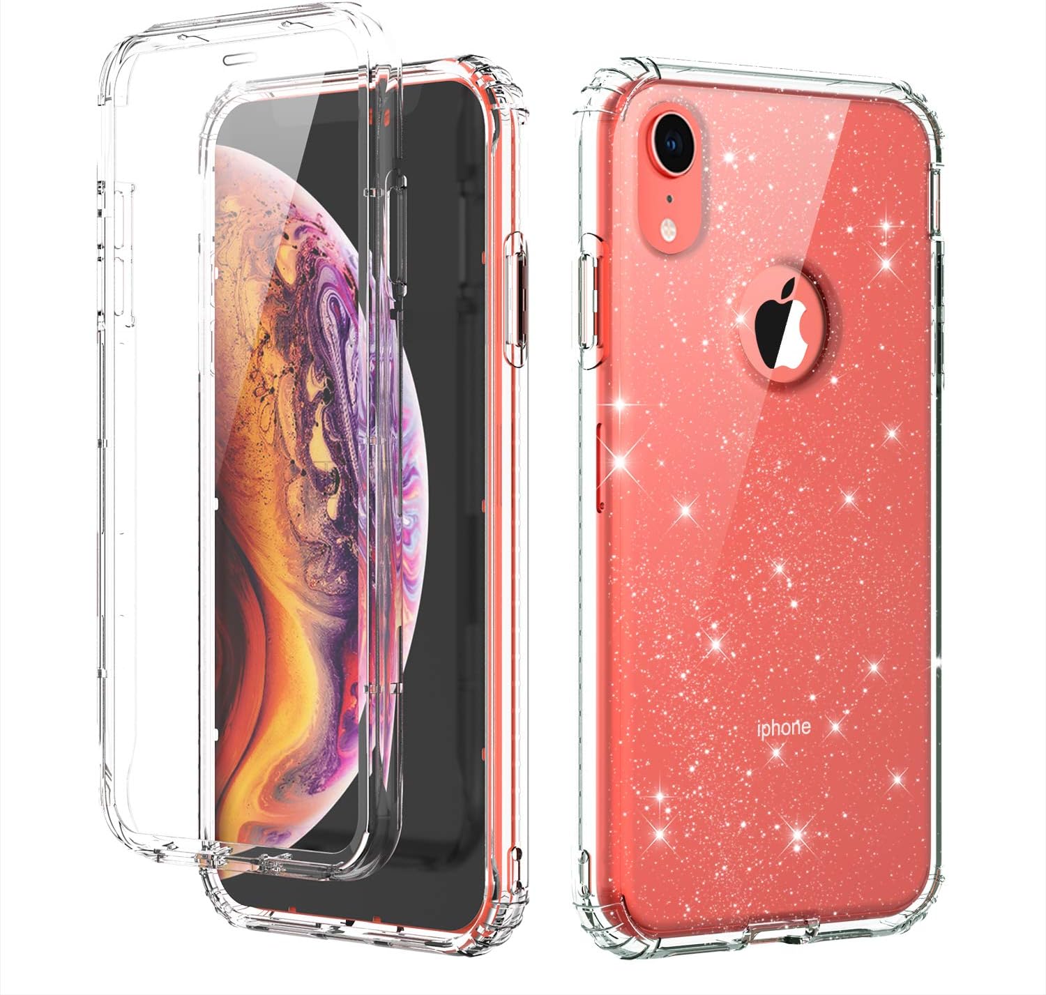 Casetego Compatible with iPhone XR Case,360 Full Body Two Piece Slim Crystal Transparent Case with Built-in Screen Protector for Apple iPhone XR 6.1 inch,Glitter