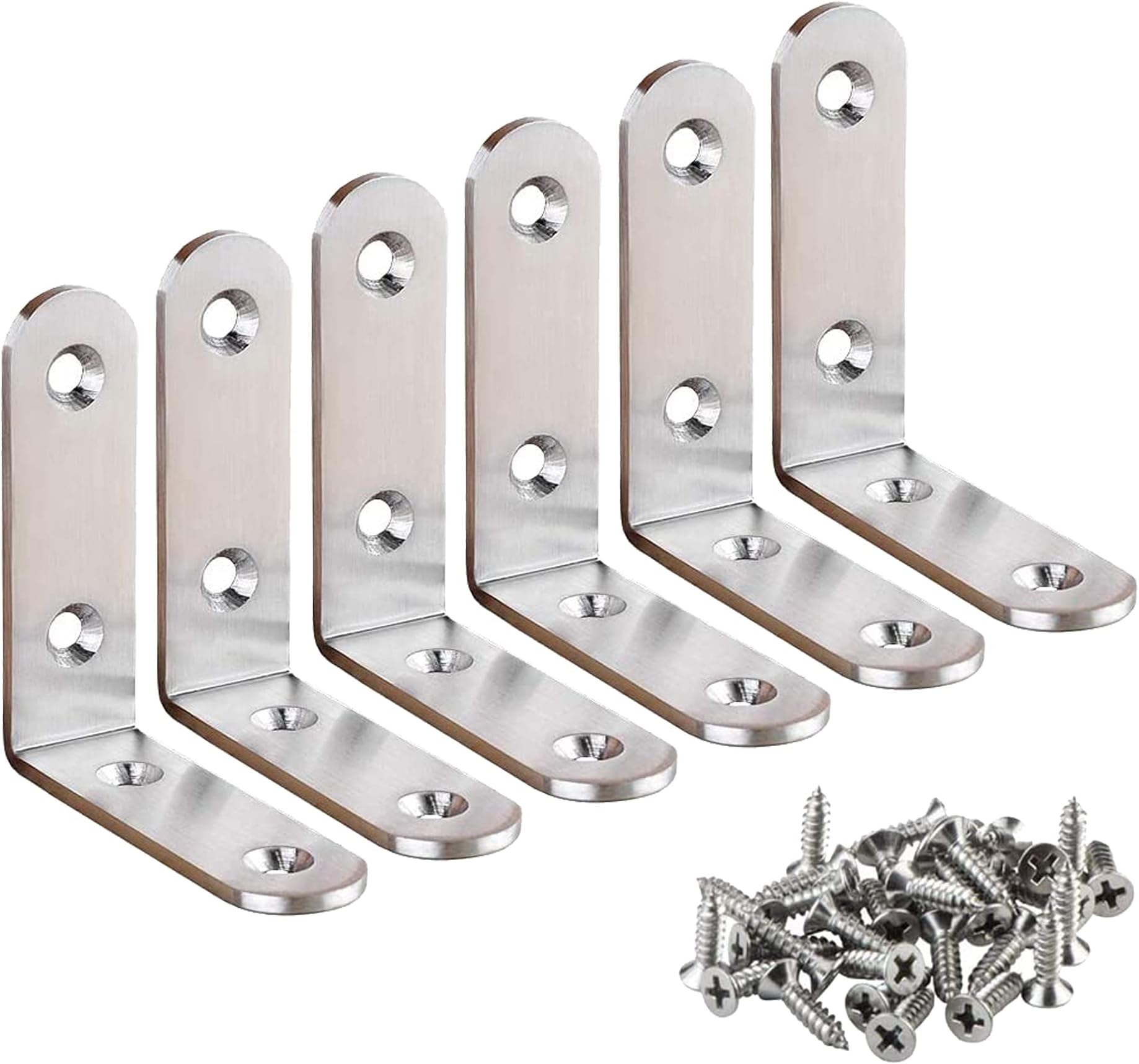 6 Pieces Stainless Steel Corner Code, 65x65x20mm L Shaped Right Angle Brackets Shelf Support, for Fixing Wood Furniture Shelves, Cabinet, Bed and More, with 24 Pieces Screws