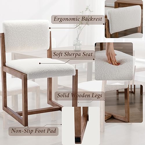 Miniatura 4 de Mid-Century - Juego de 2 sillas de comedor tapizadas de sherpa, sillas laterales sin brazos con respaldo, patas de madera para comedor, sala de