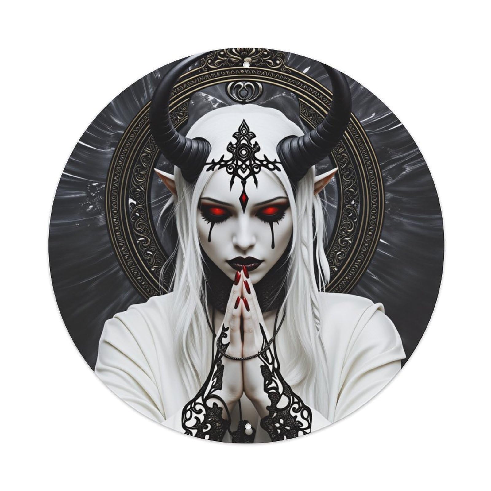 Dark Fantasy Demon Woman Portrait Round Tin Sign Vintage Style Metal Sign Home Bar Garden Wall Plaque Decor Metal Poster 8x8 Inch