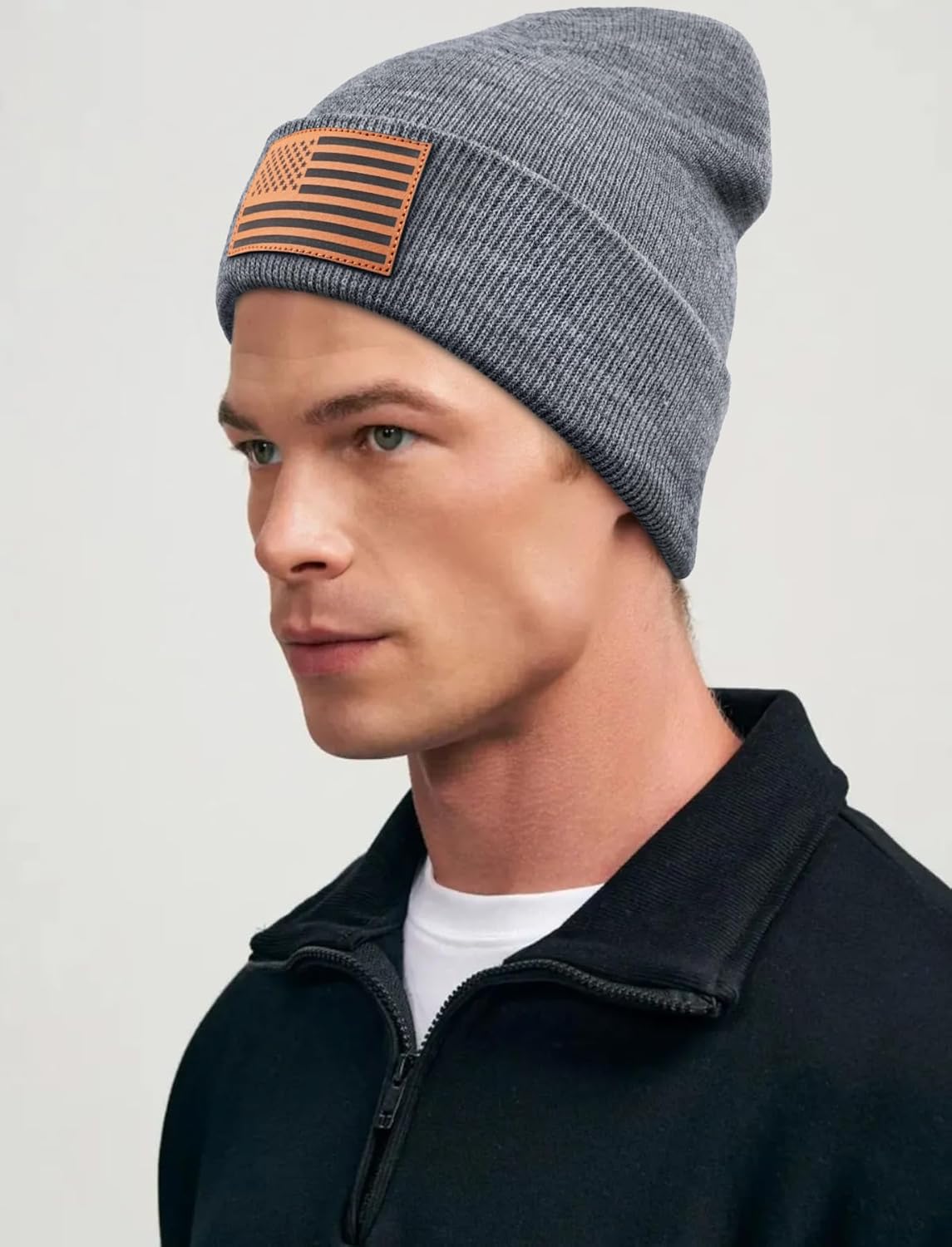 American Flag Beanie for Men Women - Leather USA Flag Patch, Cuffed Beanie for Tactical Winter Warm Hat - Image 4