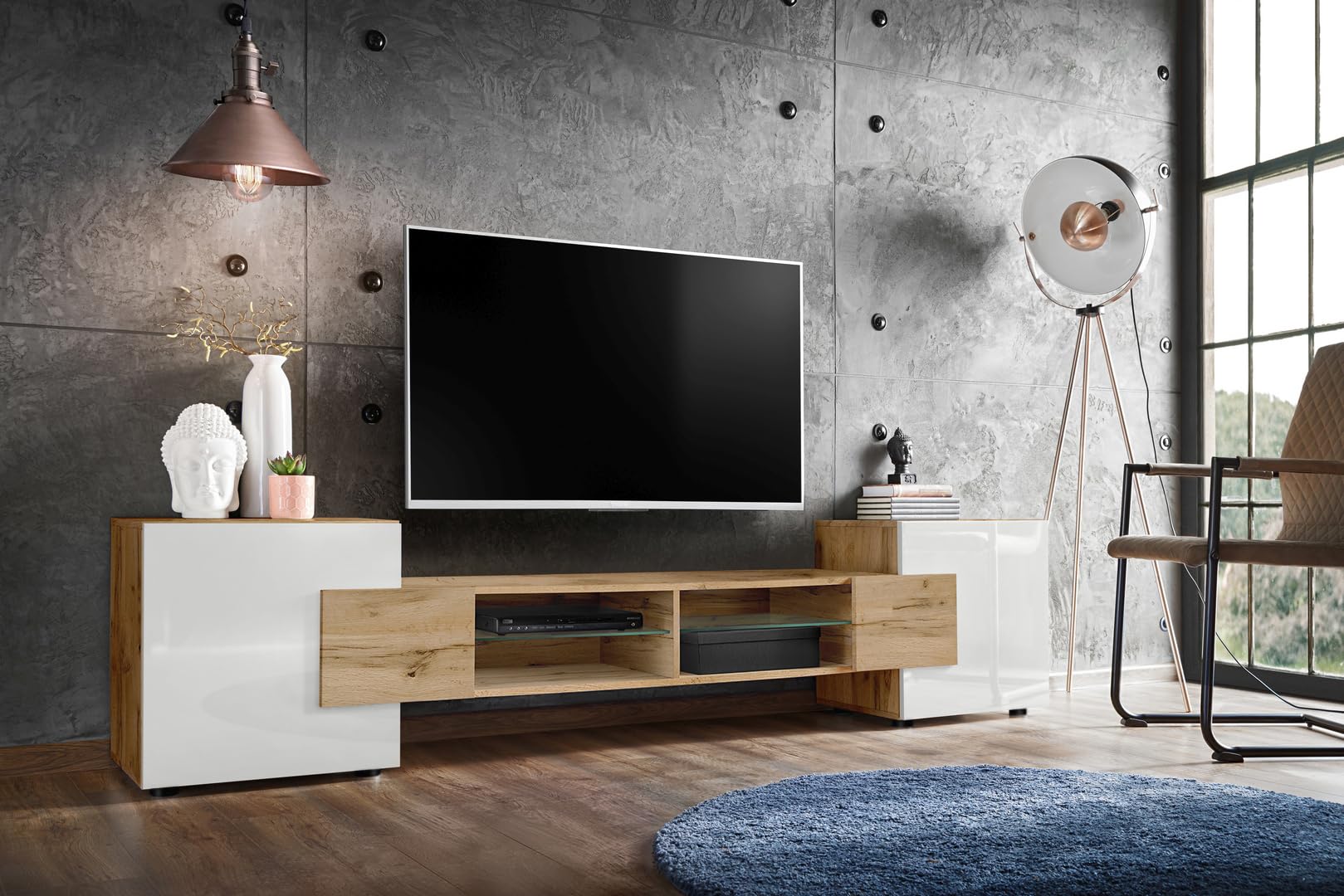 Komodee, Merano Bank TV Schrank, Breite 230 cm x Höhe 52,5 cm x Tiefe 35 cm, für Wohnzimmer, Schlafzimmer