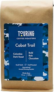 Touring Coffee Roasters Cabot Trail Colombian Coffee Whole Beans Dark Roast - 100% Arabica Single Origin, Chocolate, Nutty, Rich, Natural Sun Dried – 12oz
