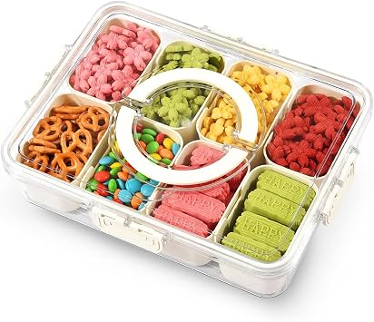 Divided Serving Tray with Lid & Handle,Snack Box with 8 Removable Compartments Portable Food Storage Container Snack Platters, Reusable Clear Organier for Veggie, Candy, Fruit,Nut