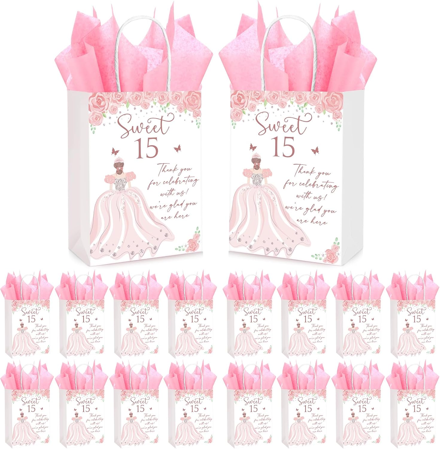 Geyoga 50 Sets Quinceanera Party Favors for Guests 15 Years Birthday Party Gift Bags with Handles Quinceanera Gifts Bags and Pink Tissue Paper Sweet 16 Party Favors for Guests Party Supplies
