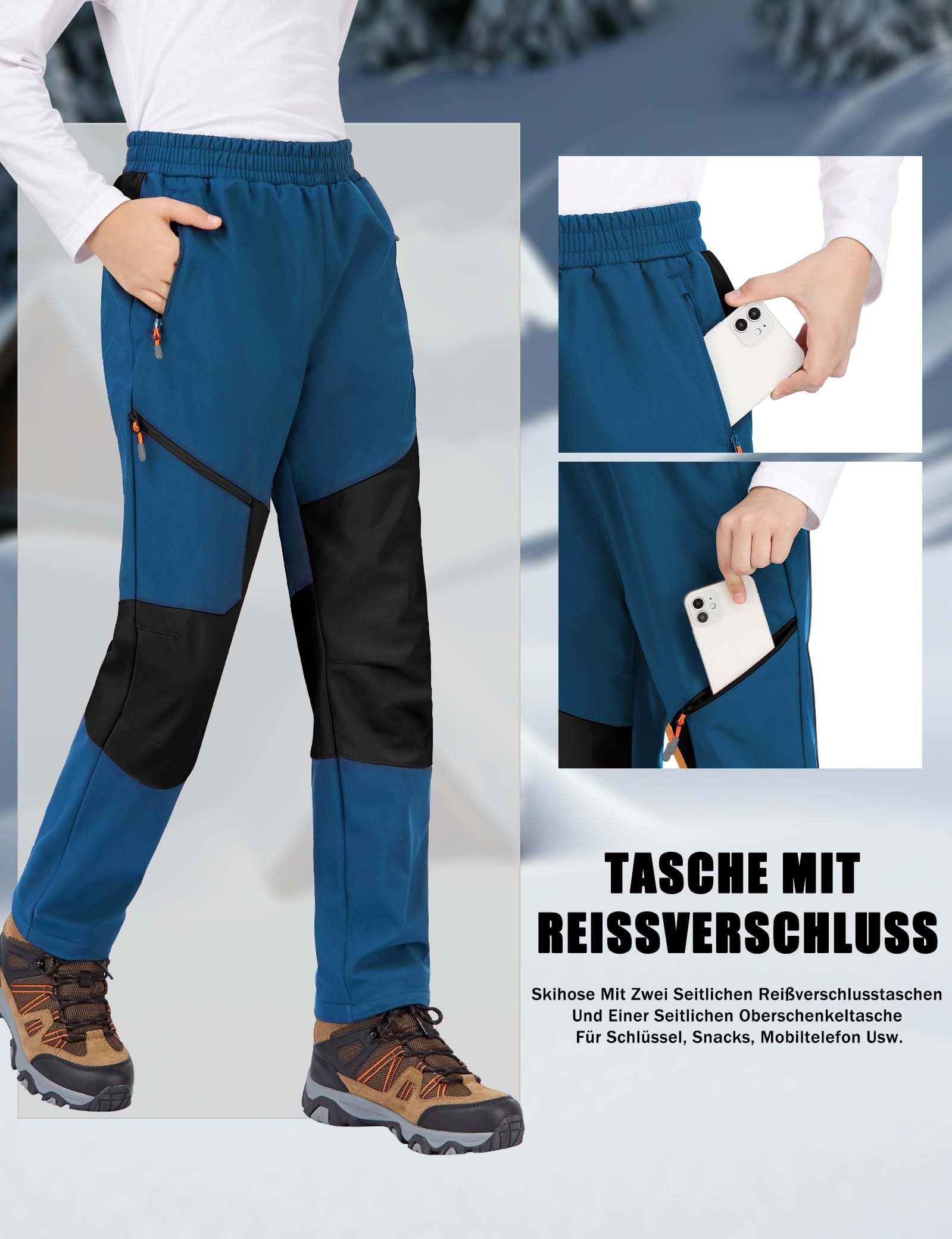 Winterhose Kinder Gefütterte Skihose Jungen Thermohose wasserdichte Winddichte Wanderhose Outdoor Softshell Hose