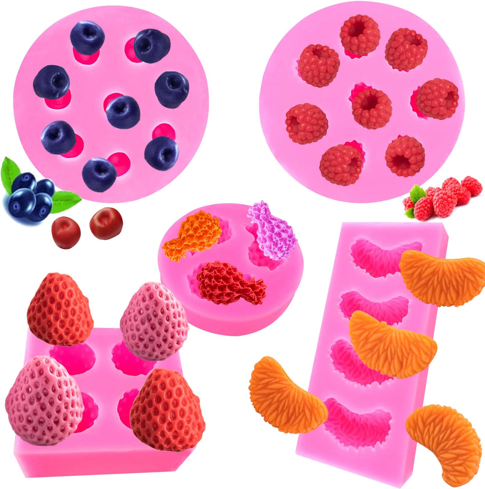 Fruit Shaped Fondant Molds,5 pack, 3D Strawberry, Orange, Pineapple, Raspberry & Blueberry Silicone Fondant Molds for Cupcake Topper, Polymer Clay, Candy, Chocolate,Cake Decoration
