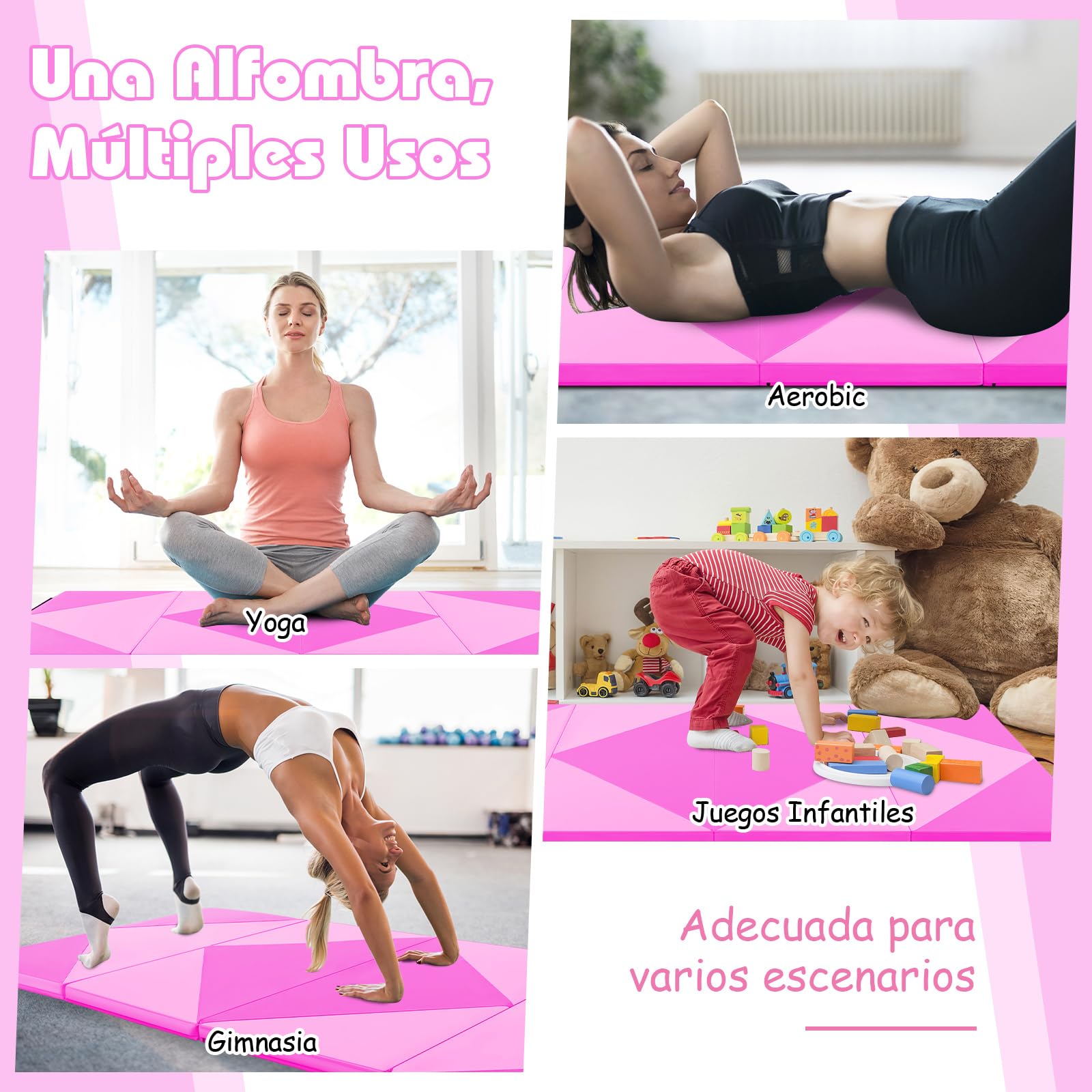 GOPLUS Colchoneta de Gimnasia Plegable, 240x117x5cm, Esterilla de Entrenamiento de Cuero Artificial con Asas de Transporte, Alfombra de Suelo para Fitness Yoga (Rosa + Purpúreo)