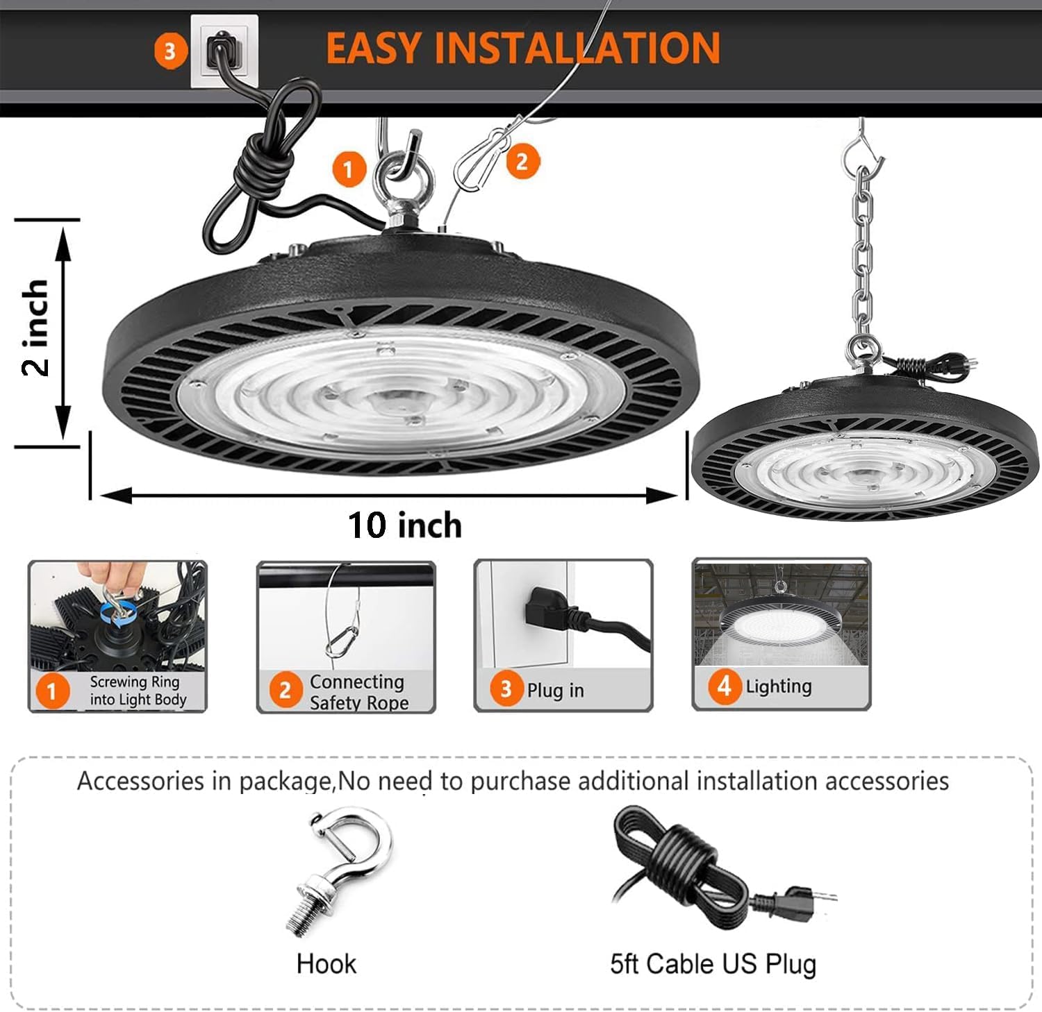 300W-6Pack UFO LED High Bay Light 30000lm 6000K Daylight 2000W Equivalent with US Plug Cable LED Garage Lights — view 7