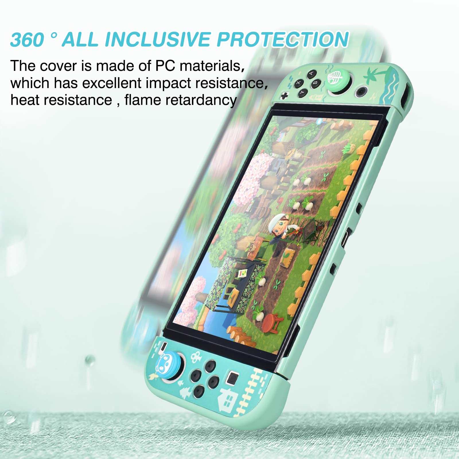 DLseego Cover per Nintendo Switch OLED, cover per PC assorbimento degli urti e antigraffio, con 2 pellicole in vetro temperato e 4 cappucci compatibile con switch OLED versione 2021, Animal Crossing