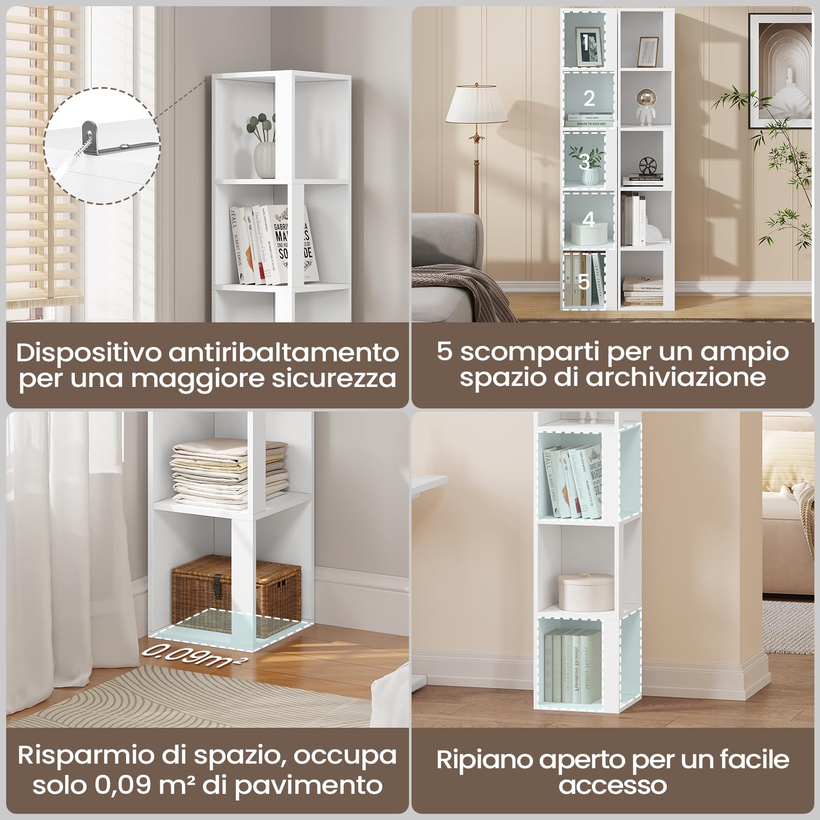 eSituro Libreria Verticale 5 Cubi 30x30x159 cm Bianco | Autoportante; Aperto; In legno; Soggiorno cucina; Montaggio facile