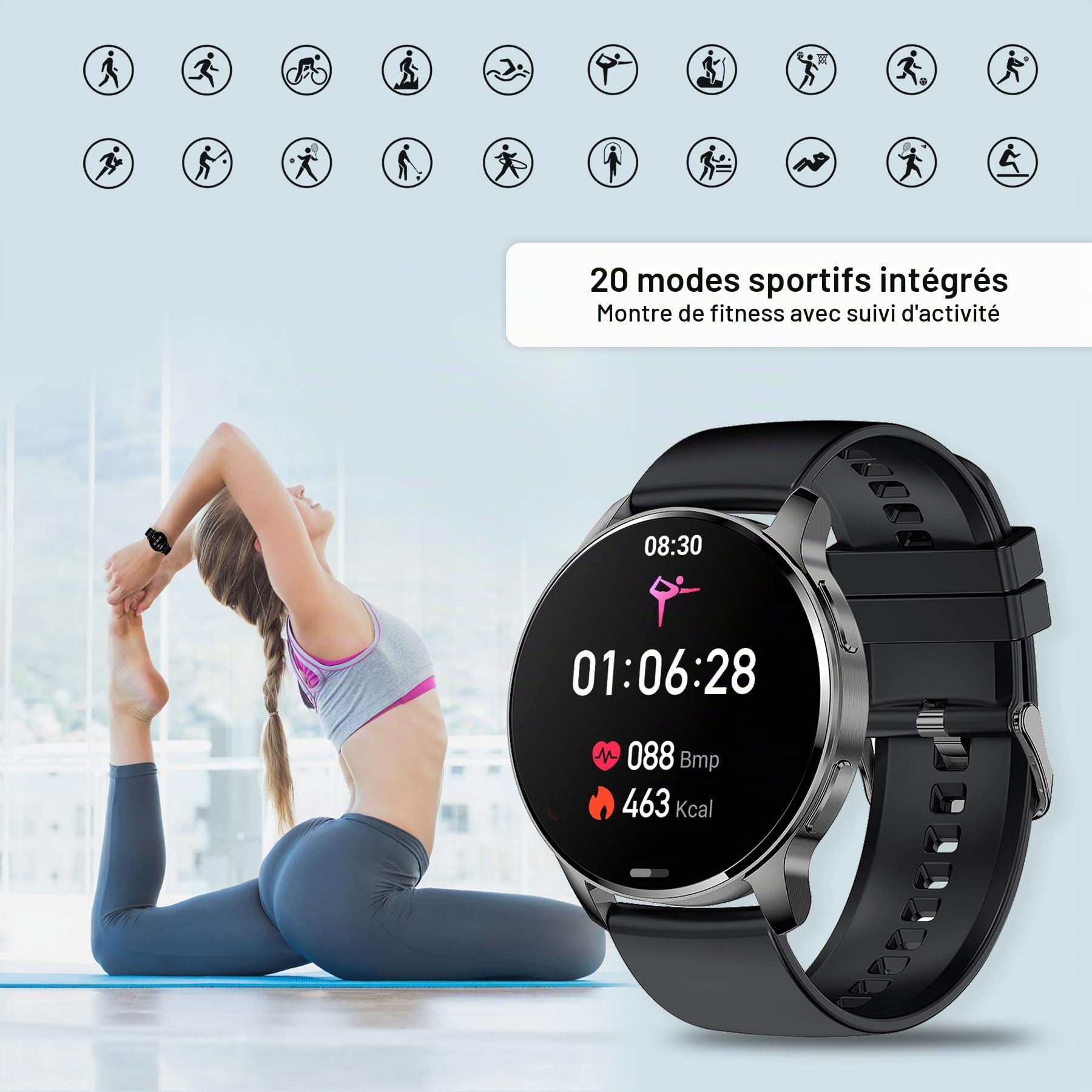 Montre connectée pour homme et femme, 1,32 pouces, suivi d'appels et de messages, 20 modes sportifs, podomètre, moniteur de fréquence cardiaque