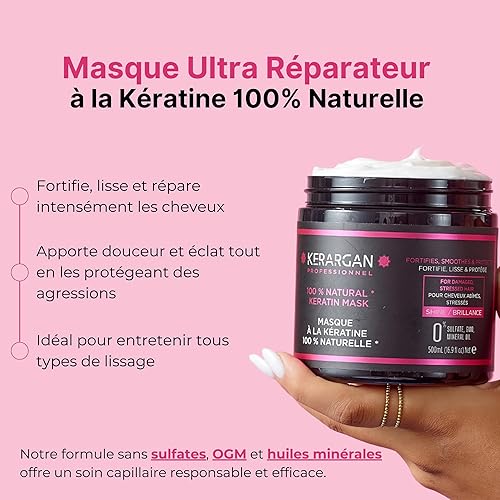 Kerargan - Masque Capillaire Ultra Réparateur à la Kératine 500ml pour Cheveux Abîmés et Stressés - Fortifie, lisse et protège - Sans Sulfate, OGM, Huile Minérale - 2