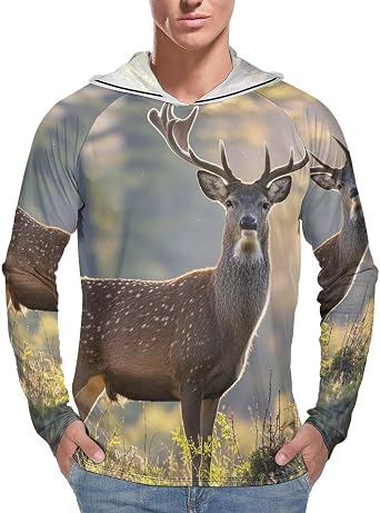 UPF 50+ Fishing Shirts for Men Sun Protection Hoodie Deer in The Sun Sun Hoodie Mens Rash Guard Long Sleeve Shirts
