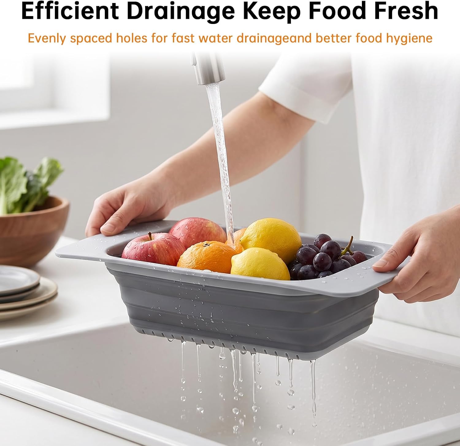 2Pack Collapsible Colander Strainer - Silicone Over the Sink Colander Strainer Drain Basket for Kitchen Sink, Adjustable Strainers for Washing Vegetables Fruits, Draining Cooked Pasta & Drying Dishes