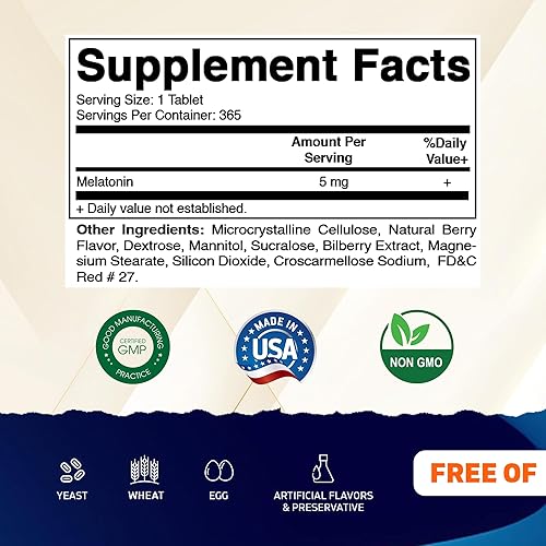 Vista 2 de Vitamatic Melatonin 5 mg Tablets Vegetarian, Non-GMO, Gluten Free 1 Year Supply Natural Berry Flavor - 365 Tablets